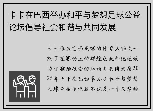 卡卡在巴西举办和平与梦想足球公益论坛倡导社会和谐与共同发展