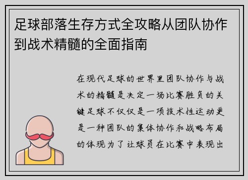 足球部落生存方式全攻略从团队协作到战术精髓的全面指南