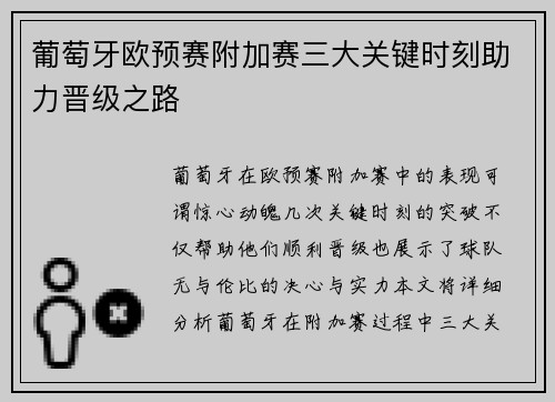 葡萄牙欧预赛附加赛三大关键时刻助力晋级之路